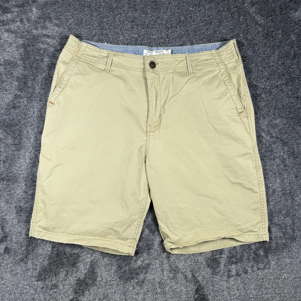 Lucky Brand Mens Khaki Tan Flat Front Chino Shorts Size 36 80318 Cotton Twill